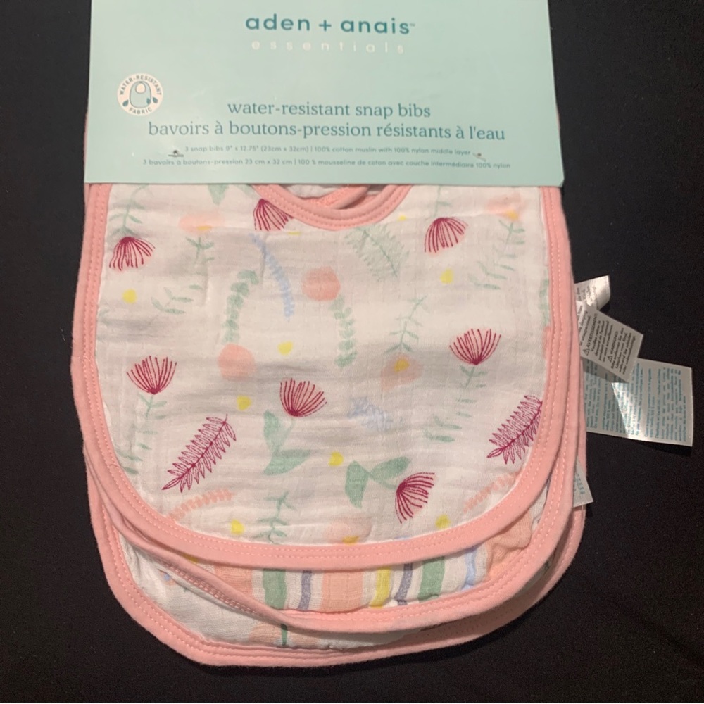Aden + Anais Essentials 3 Water-Resistant Snap Bibs 100% Cotton Muslin 9”x12.75”